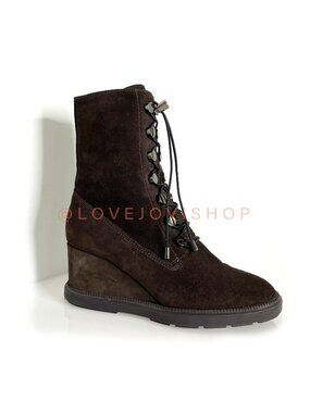 Boots | Aquatalia Chocolate Suede Wedge | Weatherized Gunmetal Hardware 7.5